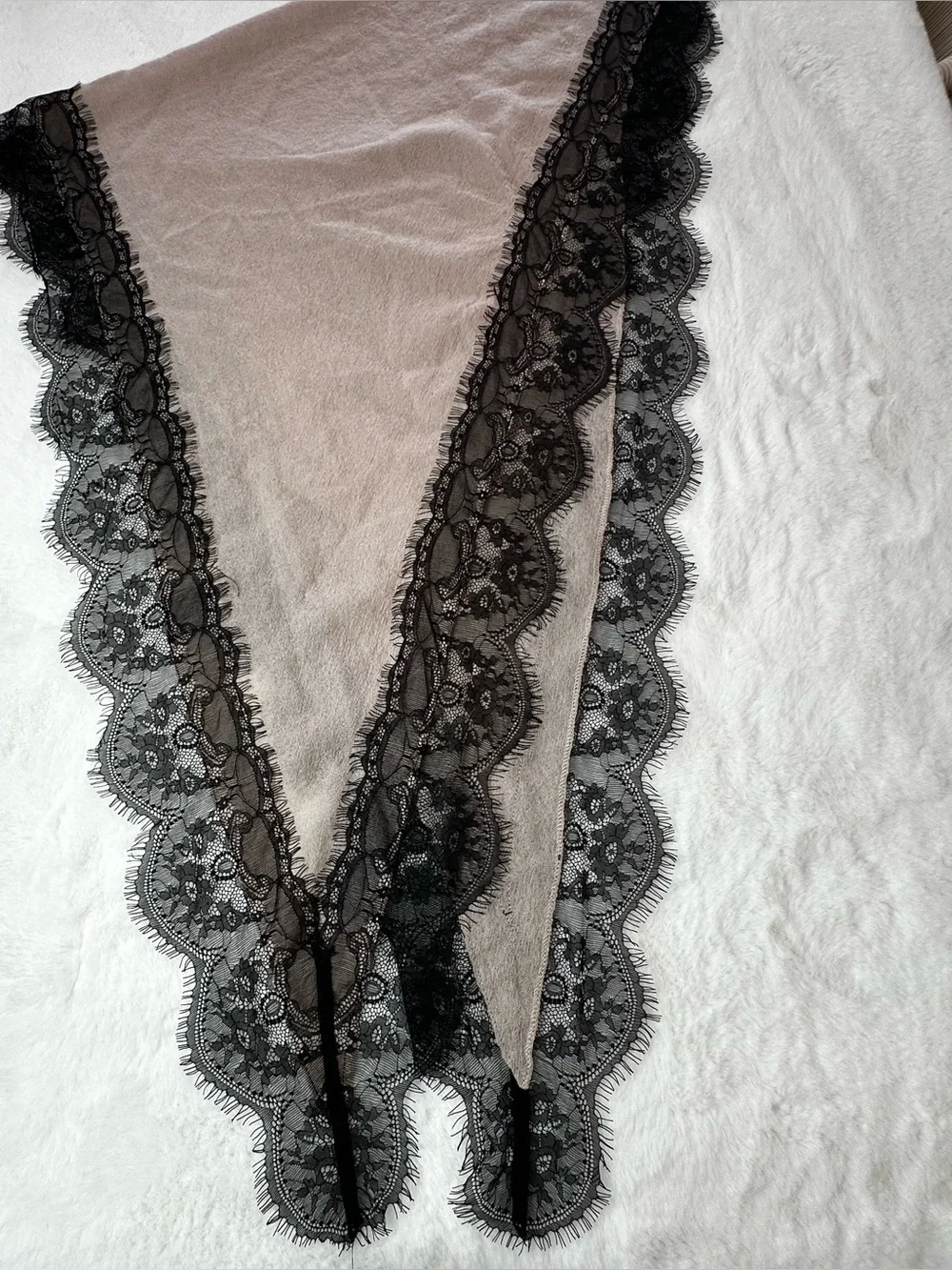 La Fiorentina Taupe Wrap with Black Floral Lace Edging triangle